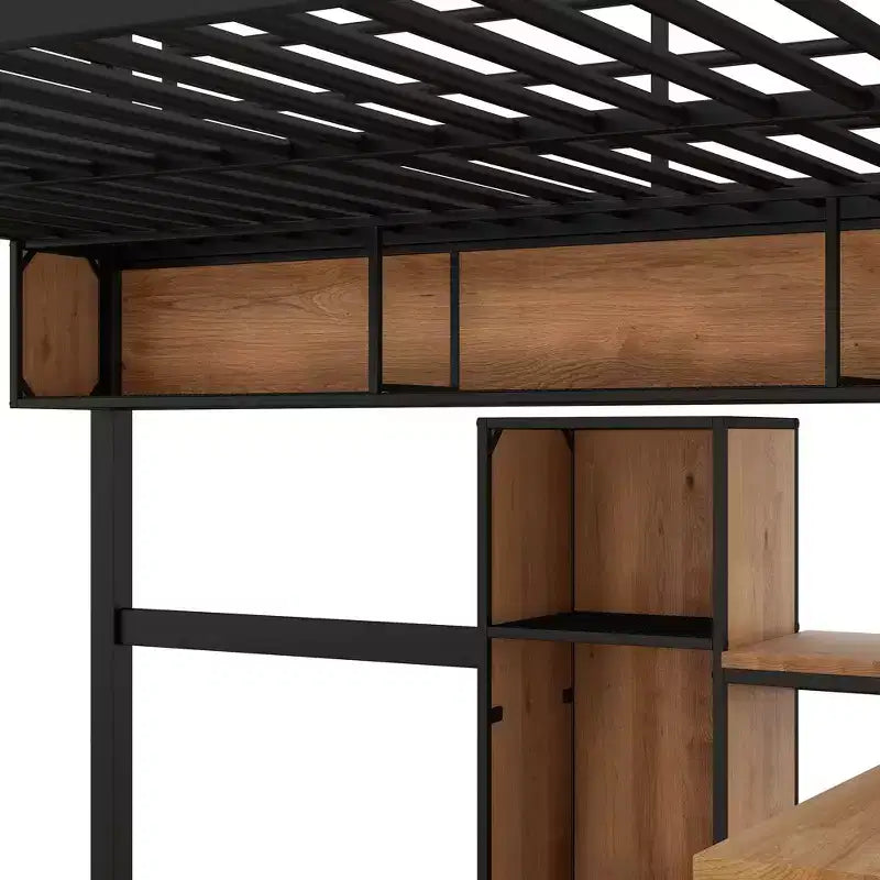 Letto a soppalco full-size con scrivania a L e scaffali, struttura in metallo e legno, nero e marrone - ModernLuxe