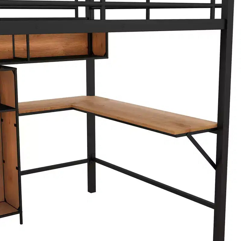 Letto a soppalco full-size con scrivania a L e scaffali, struttura in metallo e legno, nero e marrone - ModernLuxe