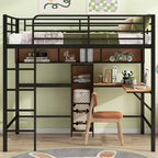 Letto a soppalco full-size con scrivania a L e scaffali, struttura in metallo e legno, nero e marrone - ModernLuxe