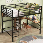 Letto a soppalco full-size con scrivania a L e scaffali, struttura in metallo e legno, nero e marrone - ModernLuxe