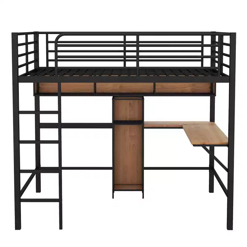 Letto a soppalco full-size con scrivania a L e scaffali, struttura in metallo e legno, nero e marrone - ModernLuxe