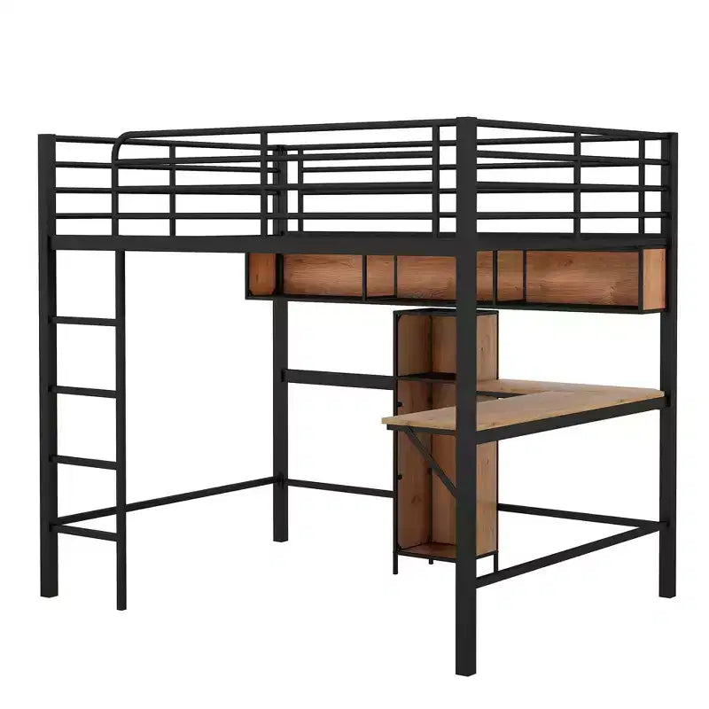 Letto a soppalco full-size con scrivania a L e scaffali, struttura in metallo e legno, nero e marrone - ModernLuxe