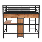 Letto a soppalco full-size con scrivania a L e scaffali, struttura in metallo e legno, nero e marrone - ModernLuxe