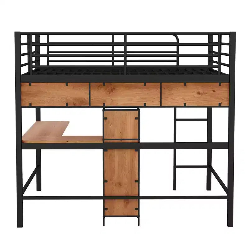 Letto a soppalco full-size con scrivania a L e scaffali, struttura in metallo e legno, nero e marrone - ModernLuxe