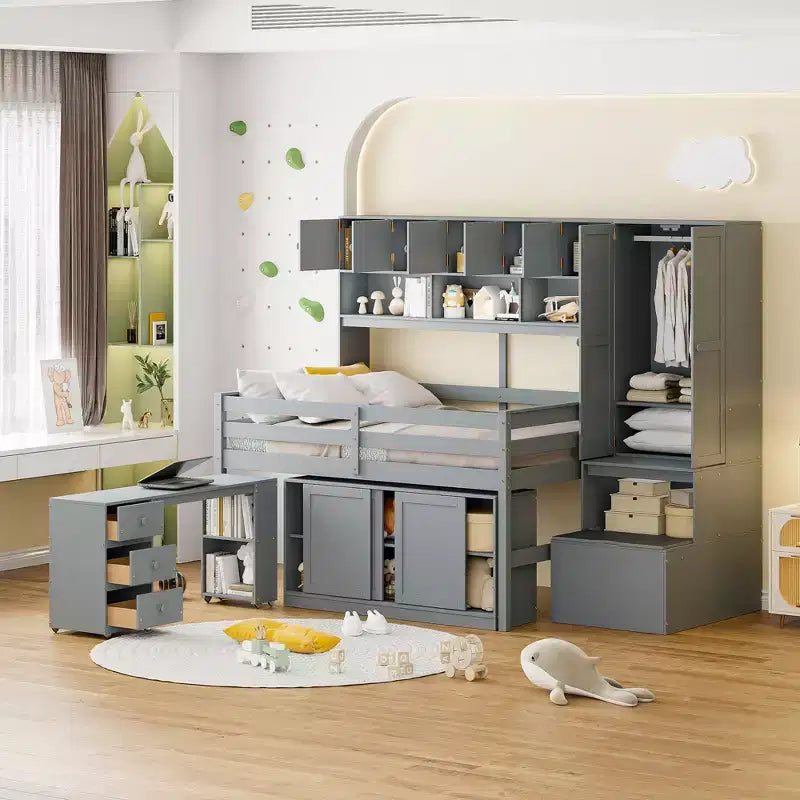 Whisen 108.2L x 42W Modern Design Loft Bed with Wardrobe, Desk, Drawers and Shelves