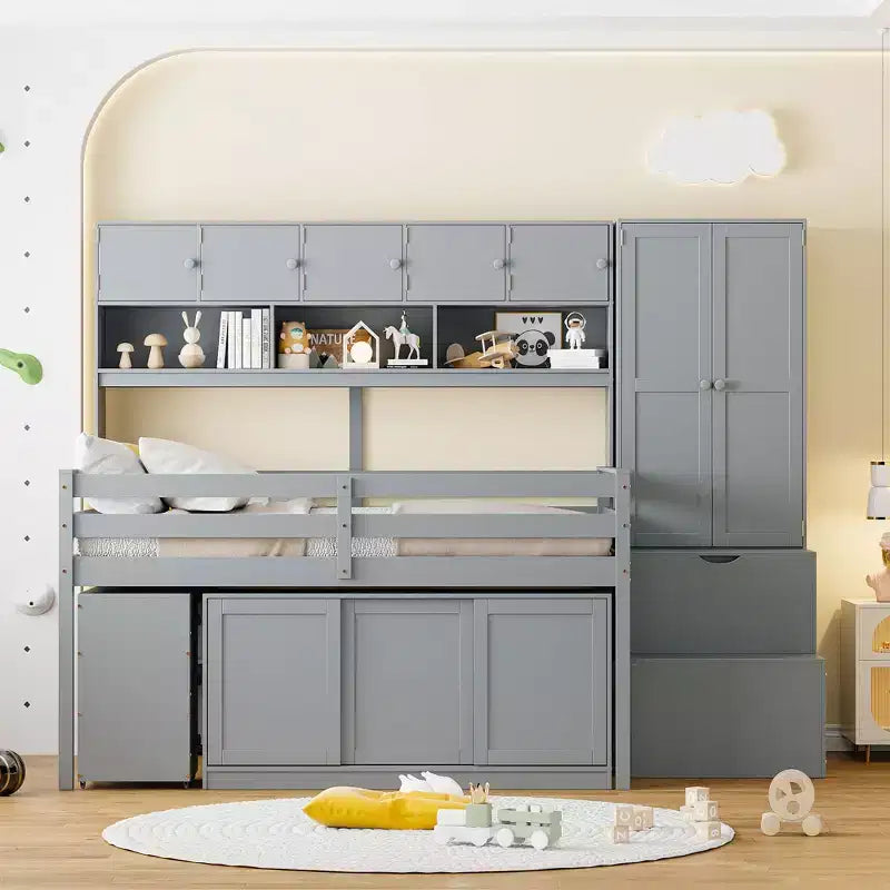 Whisen 108.2L x 42W Modern Design Loft Bed with Wardrobe, Desk, Drawers and Shelves