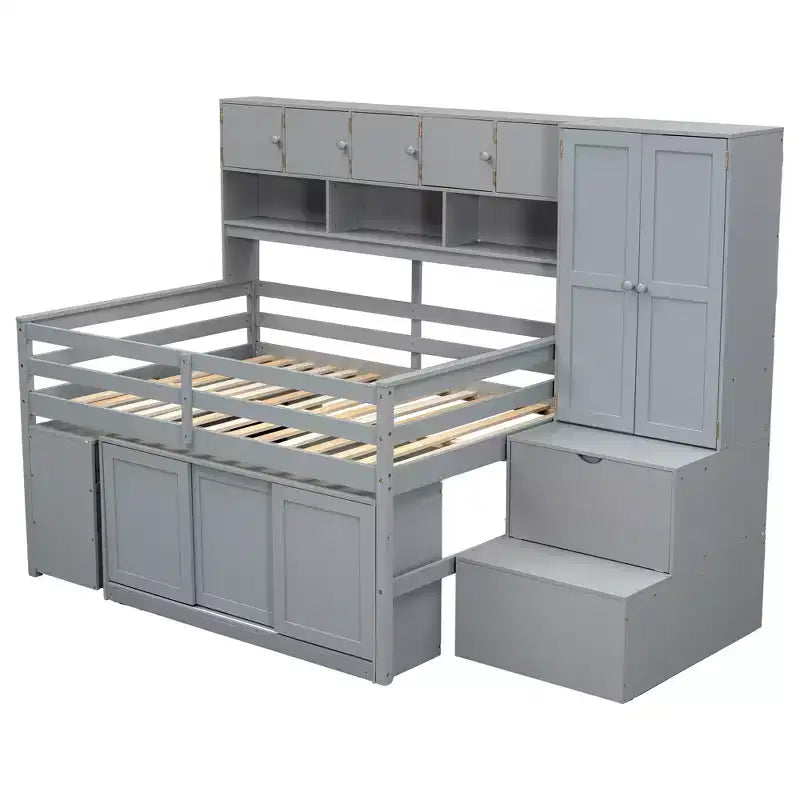 Whisen 108.2L x 42W Modern Design Loft Bed with Wardrobe, Desk, Drawers and Shelves
