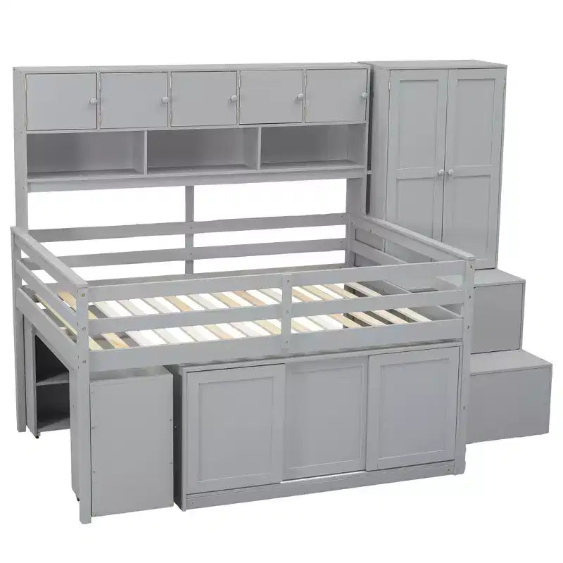 Whisen 108.2L x 42W Modern Design Loft Bed with Wardrobe, Desk, Drawers and Shelves
