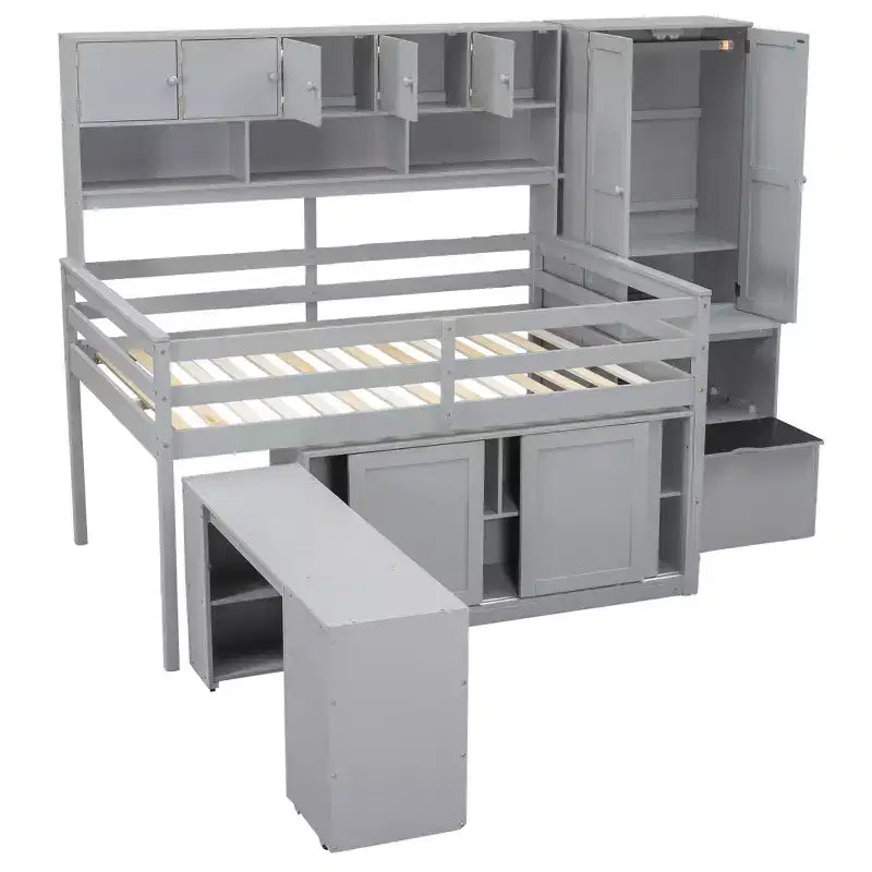 Whisen 108.2L x 42W Modern Design Loft Bed with Wardrobe, Desk, Drawers and Shelves