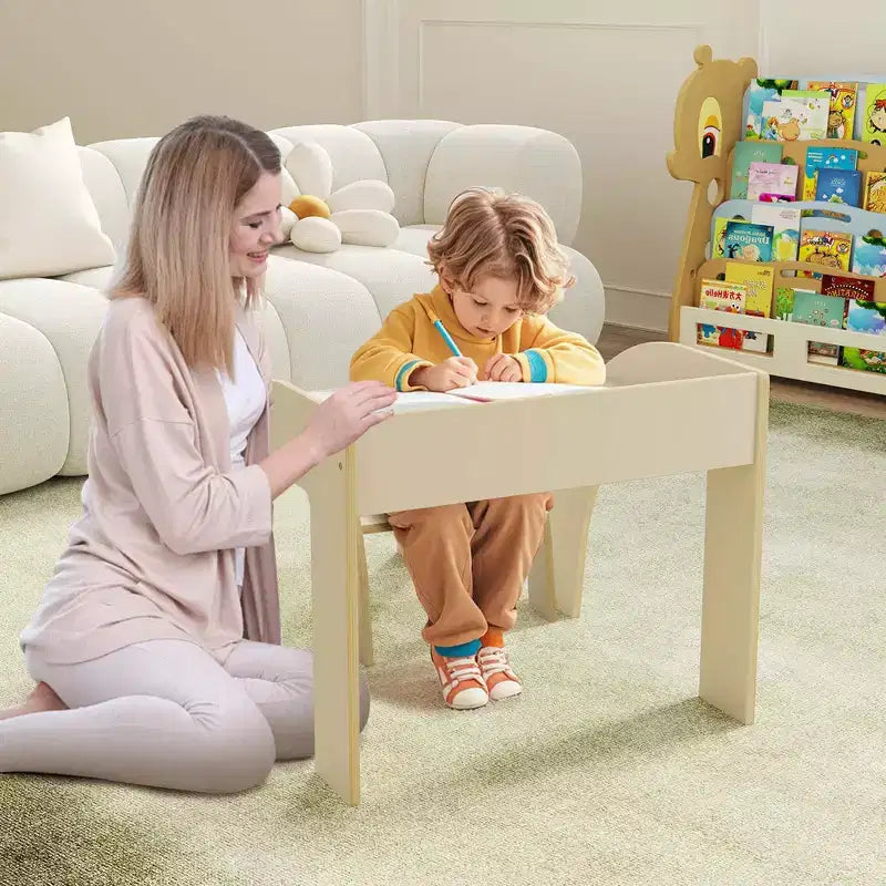 Costway Kids Desk and Chair Set Wooded Toddler Table and Chair Set with Proper Height Natural/White