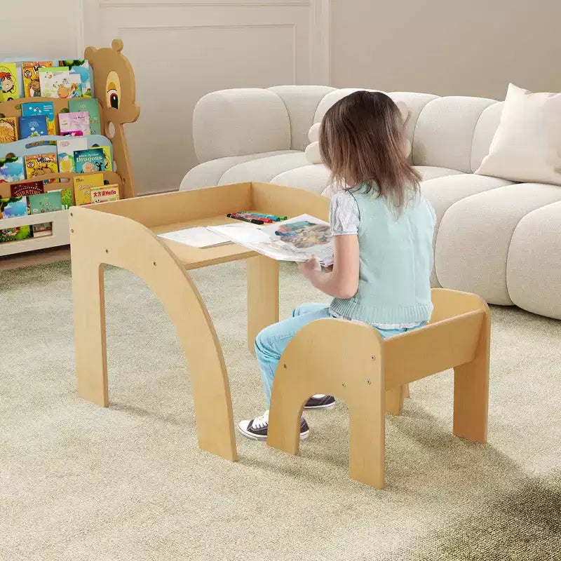 Costway Kids Desk and Chair Set Wooded Toddler Table and Chair Set with Proper Height Natural/White