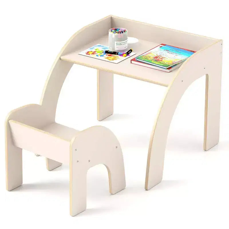 Costway Kids Desk and Chair Set Wooded Toddler Table and Chair Set with Proper Height Natural/White