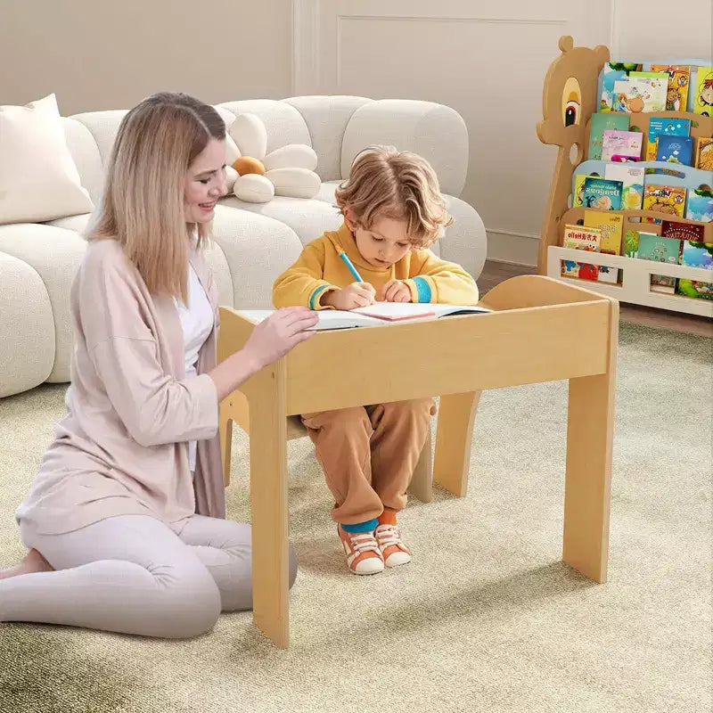 Costway Kids Desk and Chair Set Wooded Toddler Table and Chair Set with Proper Height Natural/White