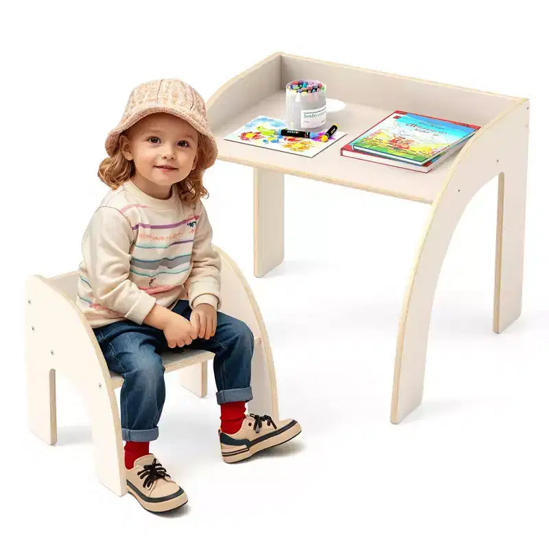 Costway Kids Desk and Chair Set Wooded Toddler Table and Chair Set with Proper Height Natural/White