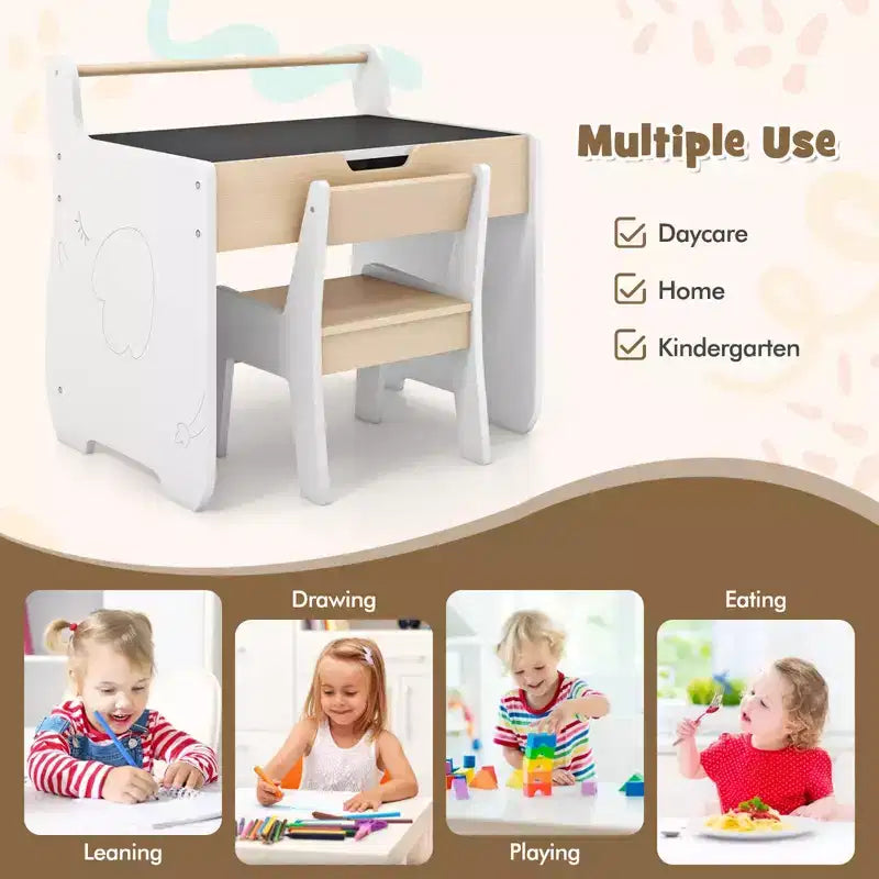 Costway Tavolo e Sedia per Bambini 3 in 1 in Legno con Piano Rimovibile, Contenitore Nascosto, Carta
