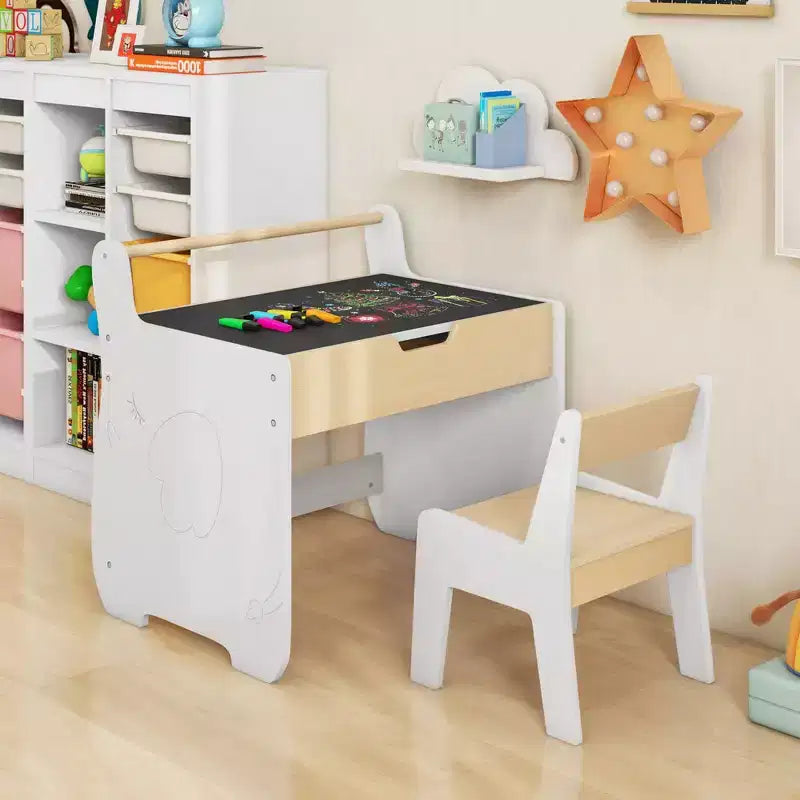 Costway Tavolo e Sedia per Bambini 3 in 1 in Legno con Piano Rimovibile, Contenitore Nascosto, Carta