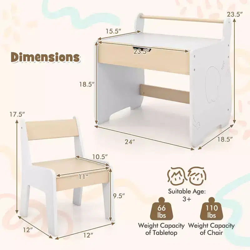 Costway Tavolo e Sedia per Bambini 3 in 1 in Legno con Piano Rimovibile, Contenitore Nascosto, Carta