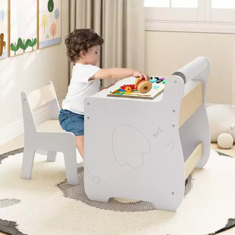 Costway Tavolo e Sedia per Bambini 3 in 1 in Legno con Piano Rimovibile, Contenitore Nascosto, Carta