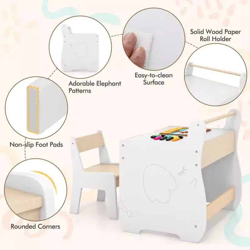 Costway Tavolo e Sedia per Bambini 3 in 1 in Legno con Piano Rimovibile, Contenitore Nascosto, Carta