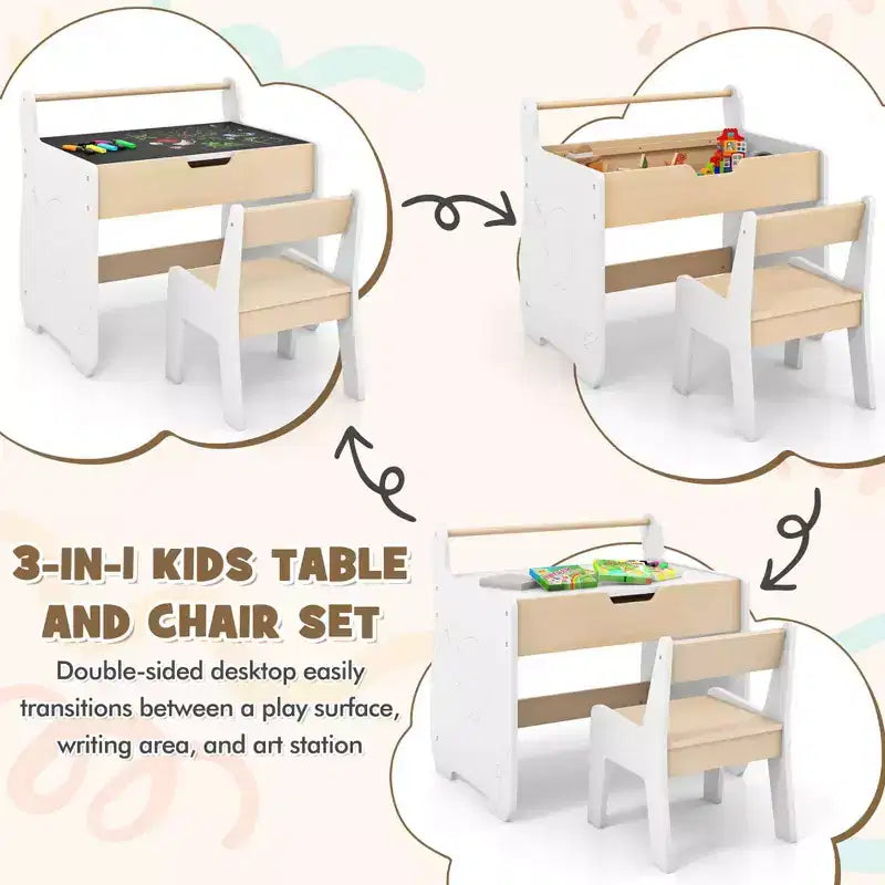 Costway Tavolo e Sedia per Bambini 3 in 1 in Legno con Piano Rimovibile, Contenitore Nascosto, Carta