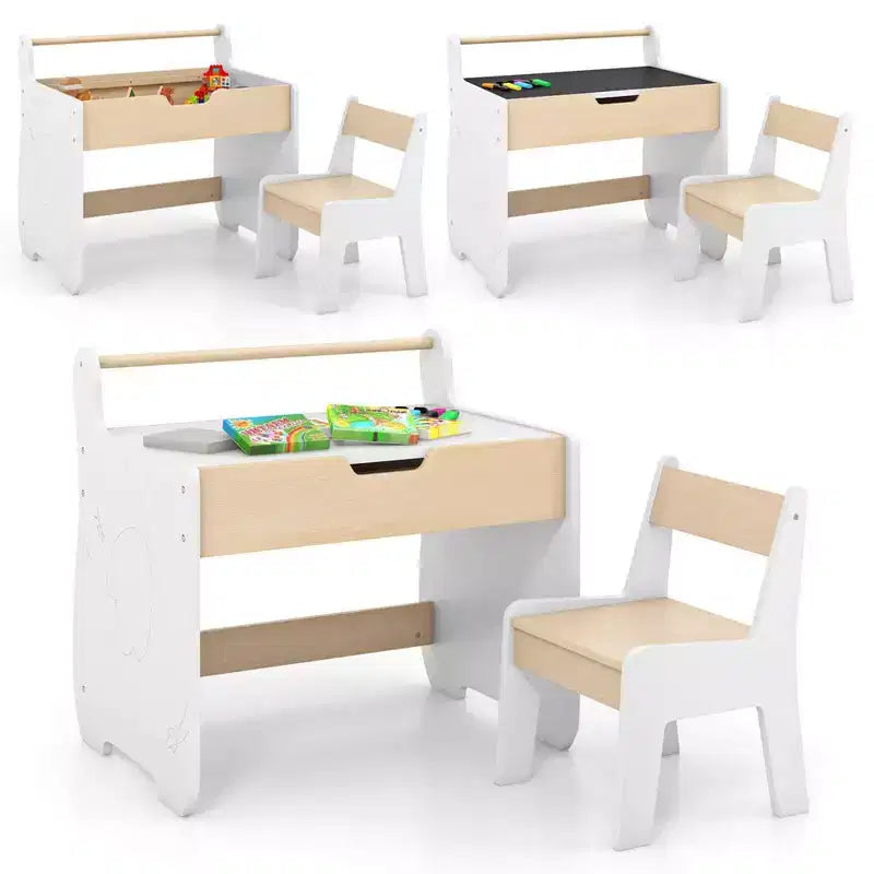 Costway Tavolo e Sedia per Bambini 3 in 1 in Legno con Piano Rimovibile, Contenitore Nascosto, Carta