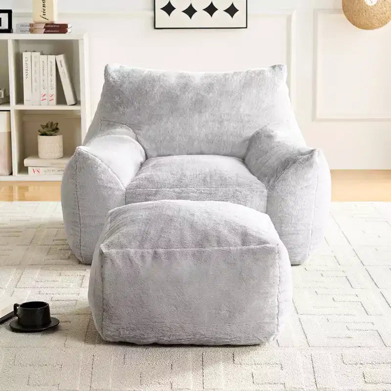 Mjkone Poltrona Sacco Moderna, Poltrona Sacco Grande in Tessuto di Pelliccia di Coniglio Sintetica con Pouf