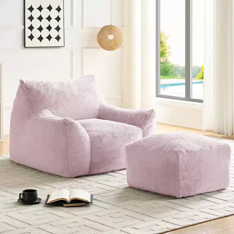 Mjkone Poltrona Sacco Moderna, Poltrona Sacco Grande in Tessuto di Pelliccia di Coniglio Sintetica con Pouf