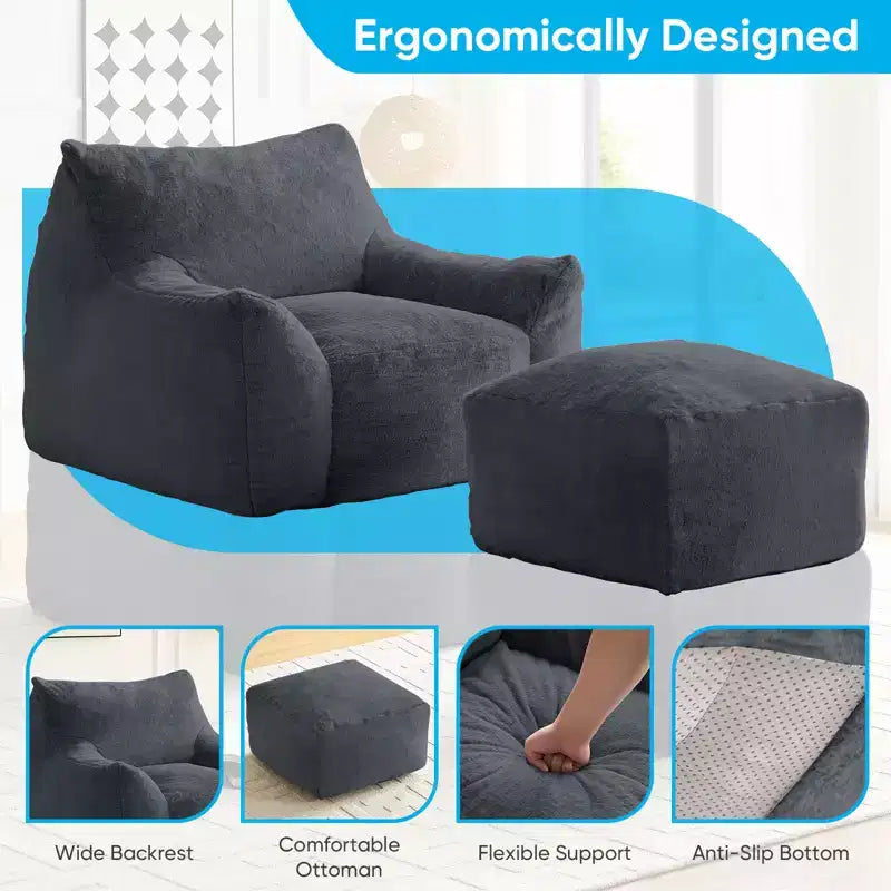 Mjkone Poltrona Sacco Moderna, Poltrona Sacco Grande in Tessuto di Pelliccia di Coniglio Sintetica con Pouf