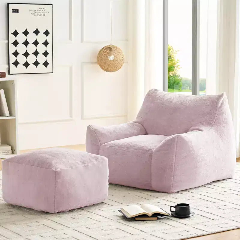 Mjkone Modern Bean Bag Chair, Faux Rabbit Fur Fabric Big Beanbag Chair with Ottoman