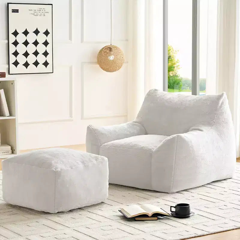Mjkone Modern Bean Bag Chair, Faux Rabbit Fur Fabric Big Beanbag Chair with Ottoman