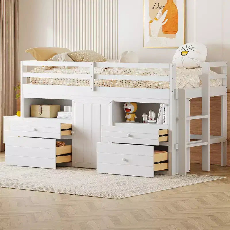 Whisen 81.8L x 40.8W Modern Design Twin Size Loft Bed with 4 Drawers, Underneath Cabinet and Shelves