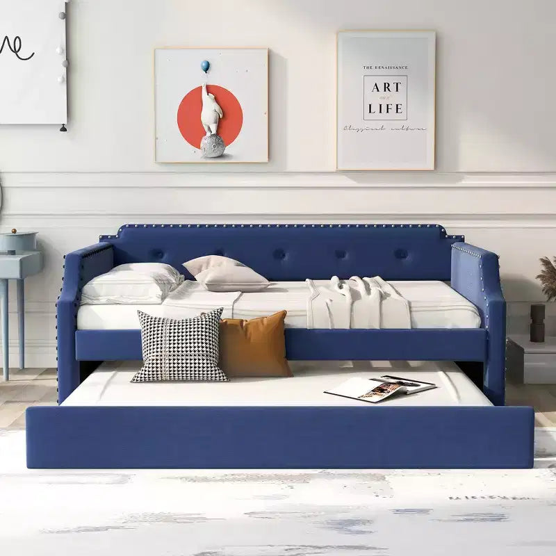 Whisen Twin Size Upholstered Daybed with Trundle, Wood Slat Support, Upholstered Frame Sofa Bed