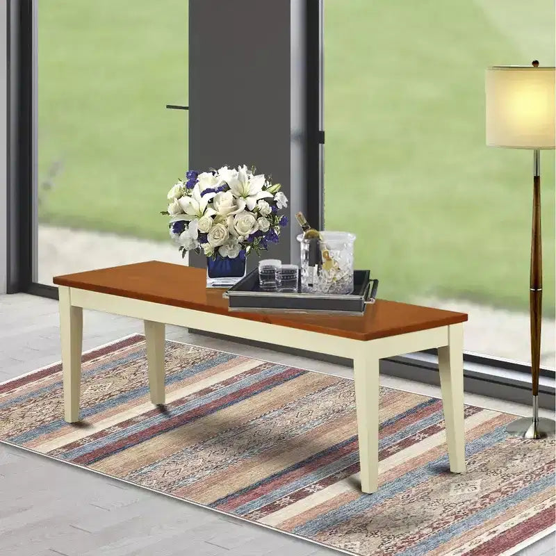 HomeStock Panca da pranzo con sedile in legno, 54x15x17 pollici, bianco burro e ciliegio
