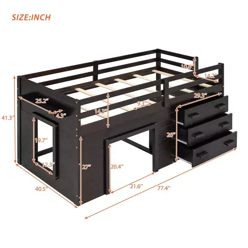 Whisen 77.4L x 40.5W Modern Design Twin Size Loft Bed with Cabinet and Shelf, Designed for your safety