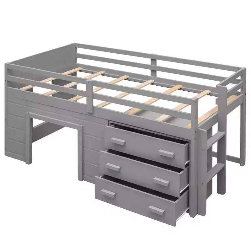 Whisen 77.4L x 40.5W Modern Design Twin Size Loft Bed with Cabinet and Shelf, Designed for your safety