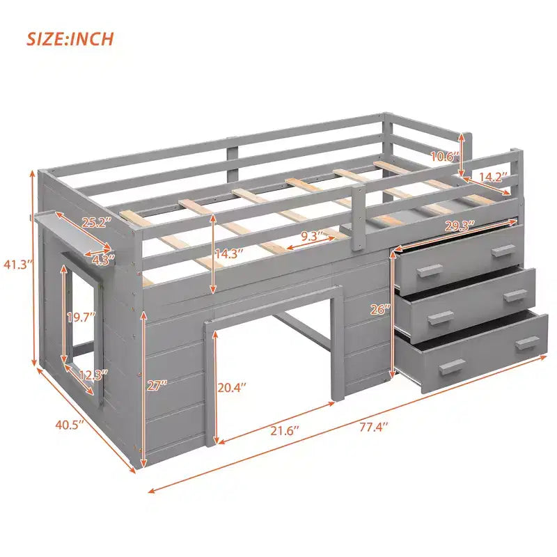 Whisen 77.4L x 40.5W Modern Design Twin Size Loft Bed with Cabinet and Shelf, Designed for your safety