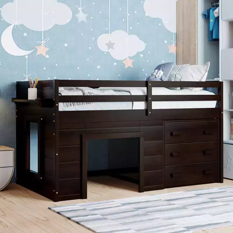 Whisen 77.4L x 40.5W Modern Design Twin Size Loft Bed with Cabinet and Shelf, Designed for your safety