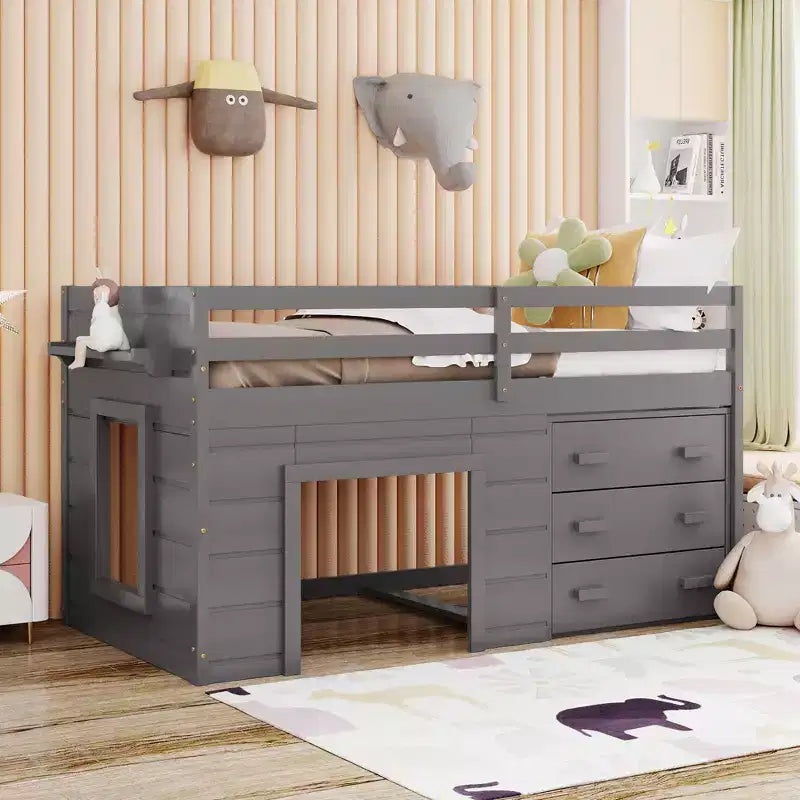 Whisen 77.4L x 40.5W Modern Design Twin Size Loft Bed with Cabinet and Shelf, Designed for your safety