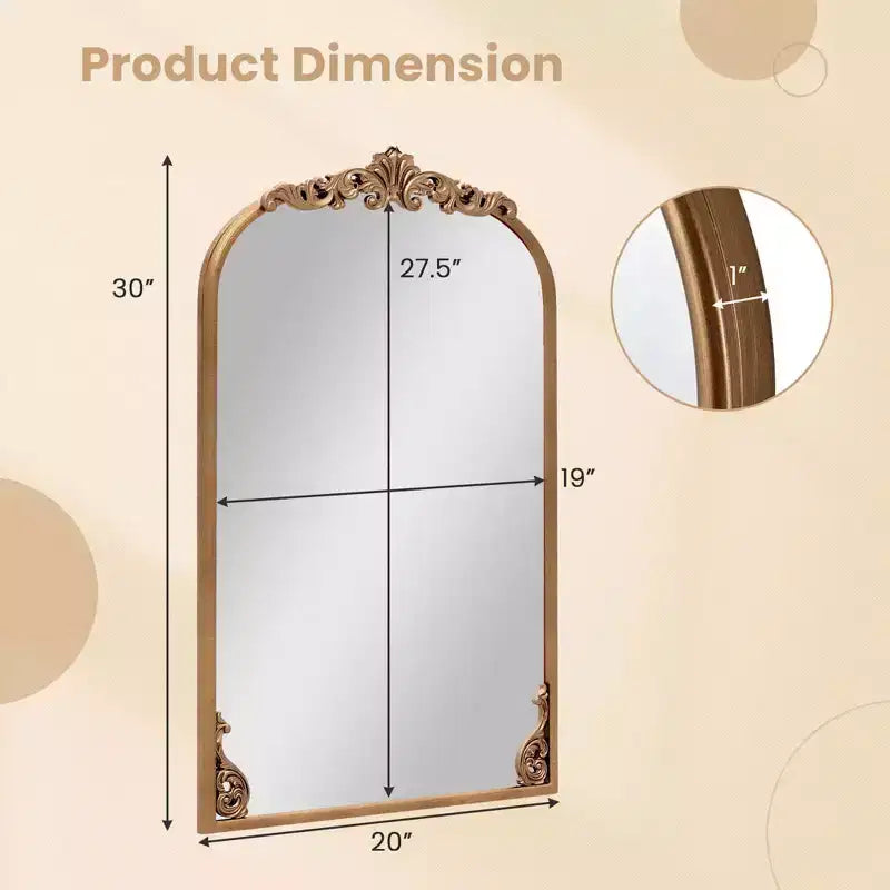 Costway 30 x 20/36 x 24/38 x 26 Gold Traditional Vintage Ornate Baroque Arched Mirror for Wall with Metal Frame