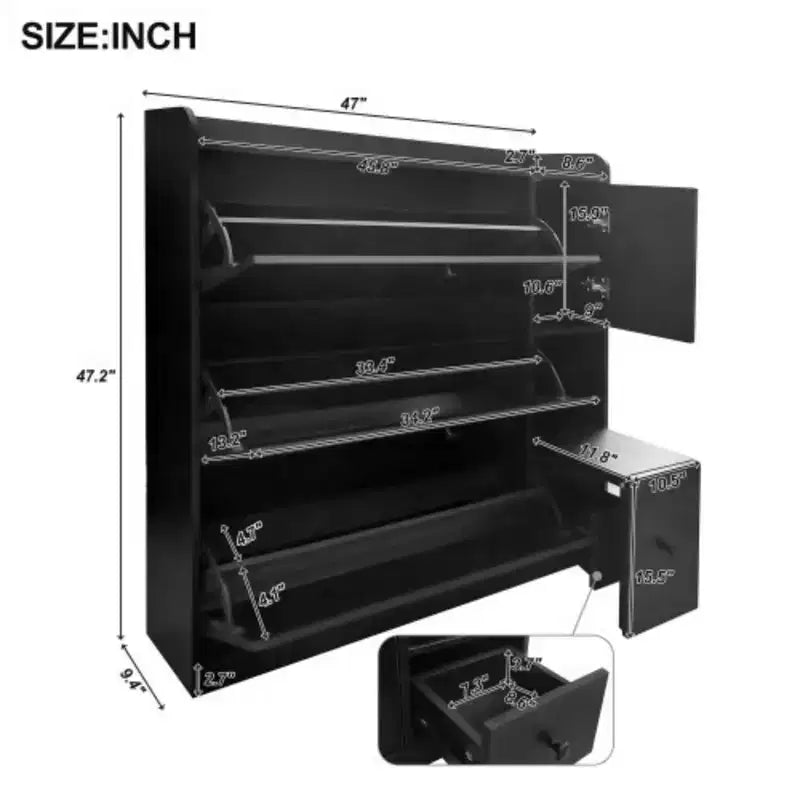 Max Storage Entryway Organizer, 3-Drawer Tipping Bucket Shoe Cabinet with Pull-down Seat, Freestanding Hallway Rack
