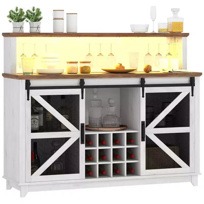 HOMCOM Mobile Bar da Cucina in Stile Fattoria con Luci LED e Ante Scorrevoli a Stalla, Mobile Bar 55 con Portabottiglie e Portabicchieri
