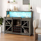 HOMCOM Mobile Bar da Cucina in Stile Fattoria con Luci LED e Ante Scorrevoli a Stalla, Mobile Bar 55 con Portabottiglie e Portabicchieri