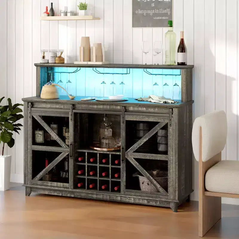 HOMCOM Farmhouse Coffee Bar Cabinet with LED Lights and Sliding Barn Doors, 55 Wine Bar Cabinet with Wine Racks and Glass Holder