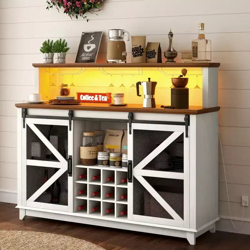 HOMCOM Farmhouse Coffee Bar Cabinet with LED Lights and Sliding Barn Doors, 55 Wine Bar Cabinet with Wine Racks and Glass Holder