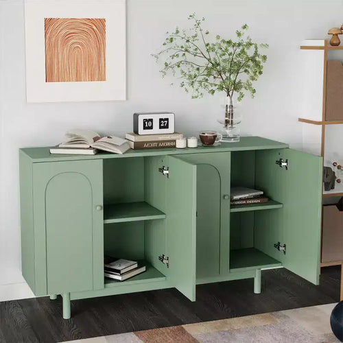 59W 4-Door Sideboard Storage Cabinet Buffet Accent Cabinet Console Table with Intaglio Doors and Adjustable Shelves, White/Mint Green-ModernLuxe