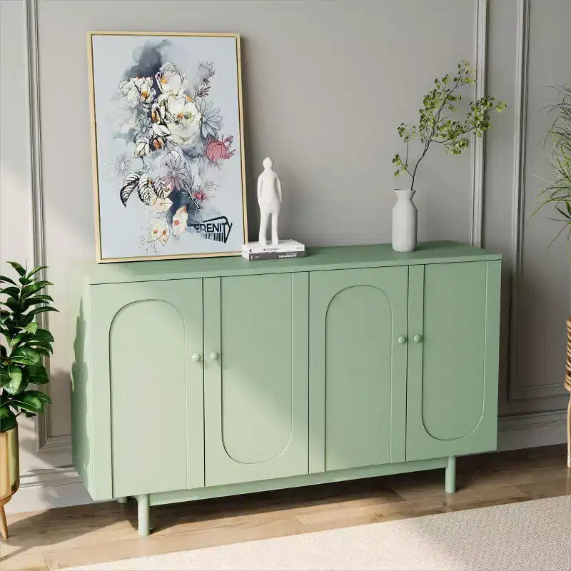 59W 4-Door Sideboard Storage Cabinet Buffet Accent Cabinet Console Table with Intaglio Doors and Adjustable Shelves, White/Mint Green-ModernLuxe