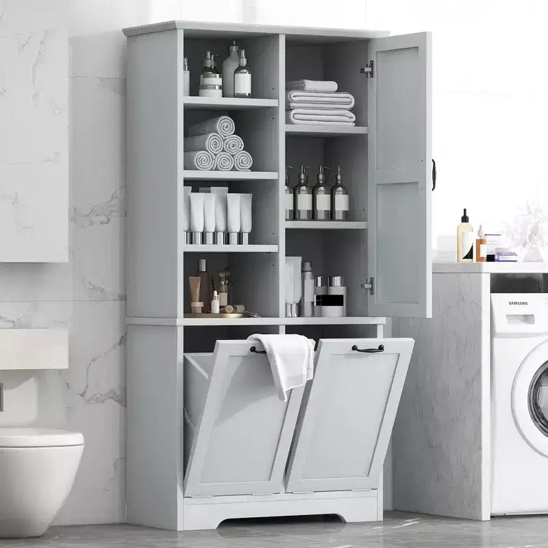 Mobiletto da bagno Whisen con cassetti, cesto portabiancheria a ribalta e ripiani aperti