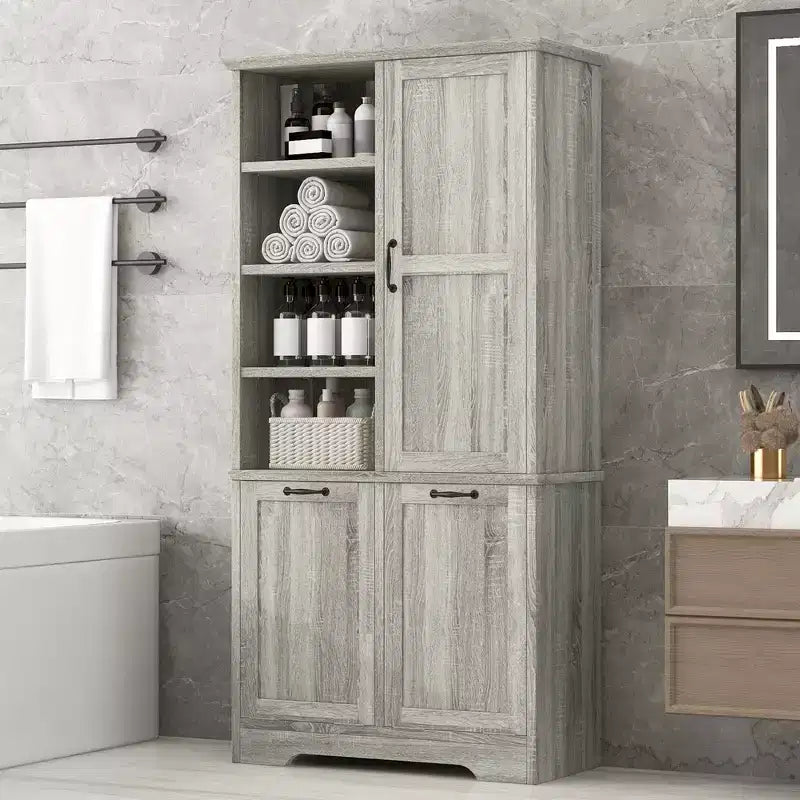 Mobiletto da bagno Whisen con cassetti, cesto portabiancheria a ribalta e ripiani aperti