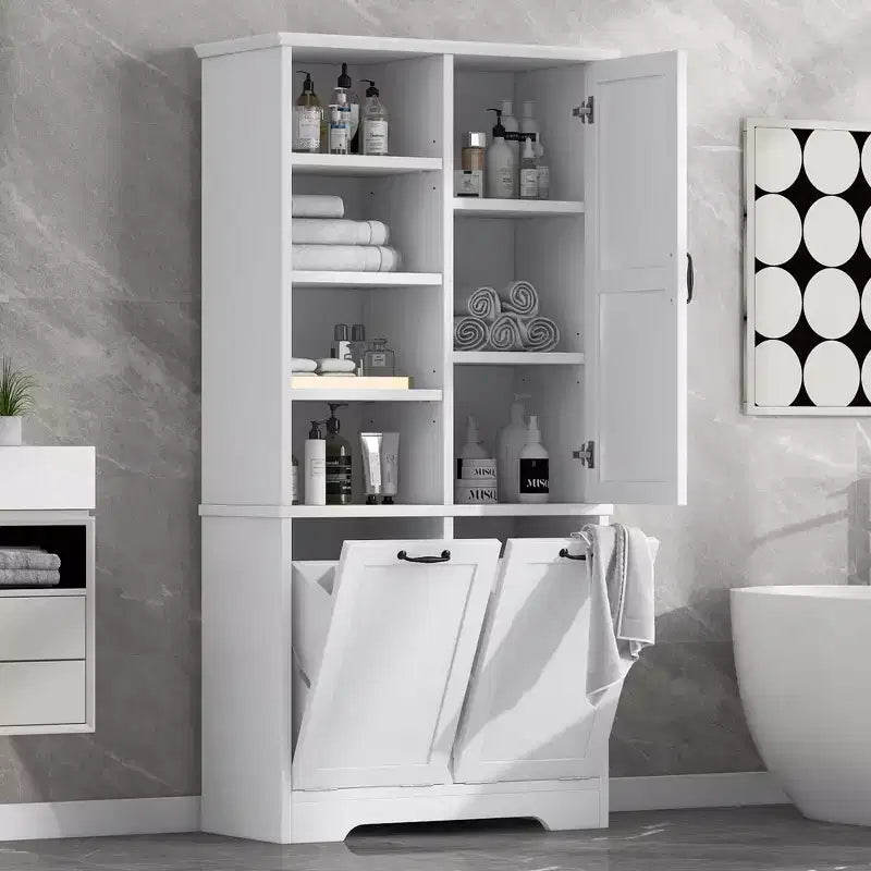 Mobiletto da bagno Whisen con cassetti, cesto portabiancheria a ribalta e ripiani aperti