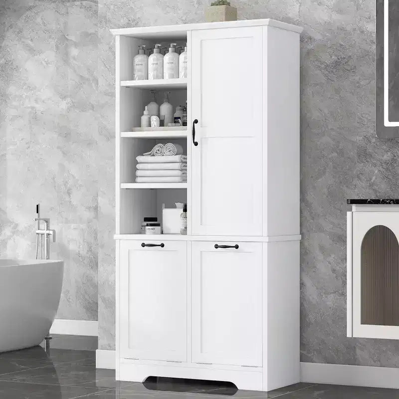 Mobiletto da bagno Whisen con cassetti, cesto portabiancheria a ribalta e ripiani aperti